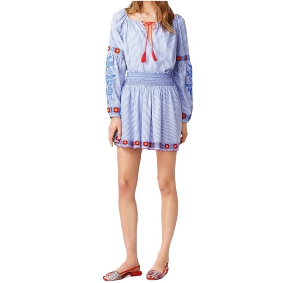 TORY BURCH Oxford Stripe Embroider Hem Grace Skirt, Blue Dusk and White, Size XL - Picture 5 of 8